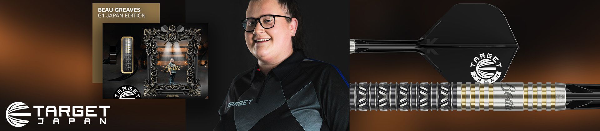 Beau Greaves wearing glasses and a Target darts shirt beside ornate metal dart barrel, flight, packaging and Target Japan logo.