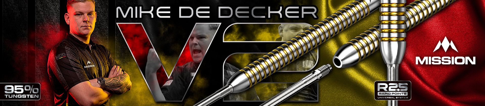 Promotional image for Mission darts featuring tungsten darts and the name "Mike De Decker" alongside a red and yellow background.