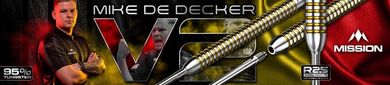 Promotional image for Mission darts featuring tungsten darts and the name "Mike De Decker" alongside a red and yellow background.