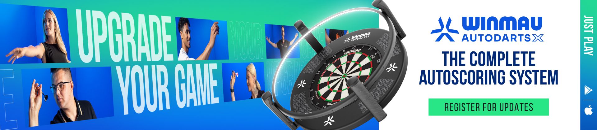 A promotional banner for Winmau Autodarts, featuring various people throwing darts and a dartboard, with text reading "Upgrade Your Game."