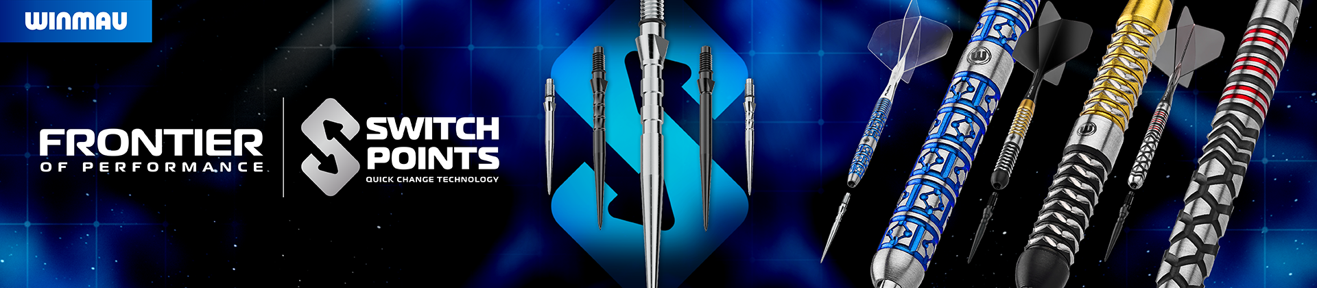 Winmau promo showing metallic patterned darts and interchangeable switch points on a blue geometric background with text "Frontier of Performance."
