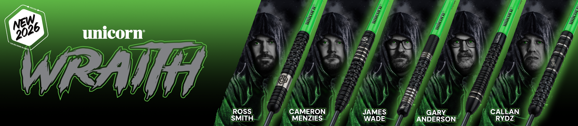 Promotional banner for Unicorn Wraith darts featuring five players in green hooded attire, each with a matching dart design.