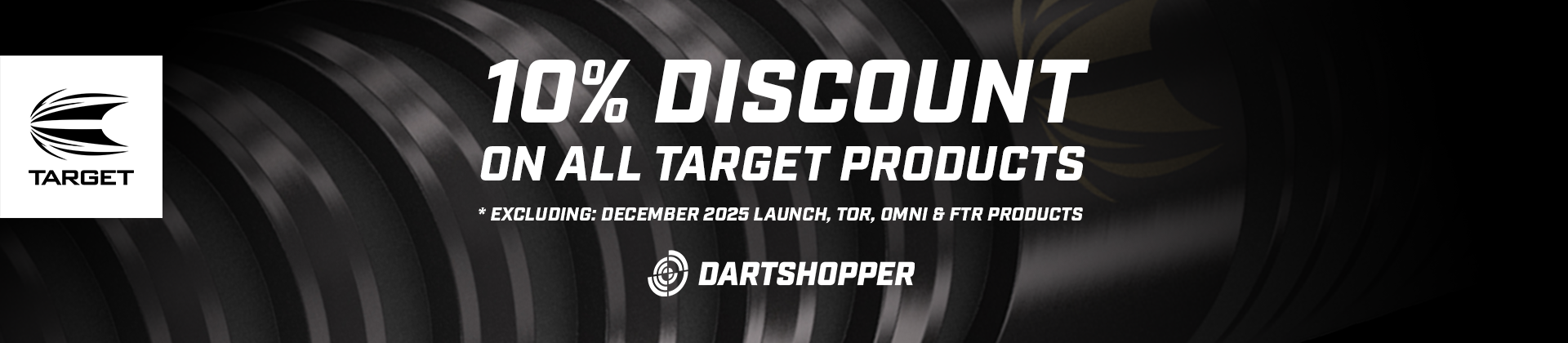 Black banner showing Target logo and dart barrel background with text '10% discount on all Target products' and Dartshopper logo.