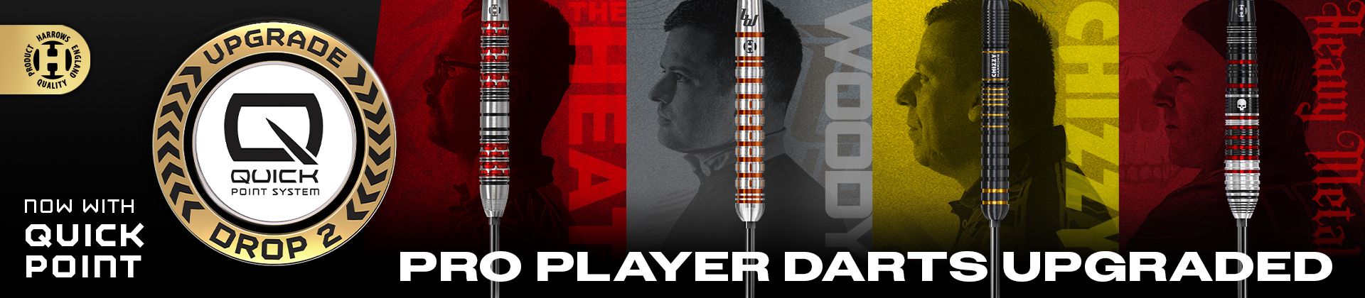 Harrows Quick Point pro player darts in various styles with bold text highlighting "Upgraded." Ryan Searle, Luke Woodhouse, Dave Chisnall and Damon Heta darts.
