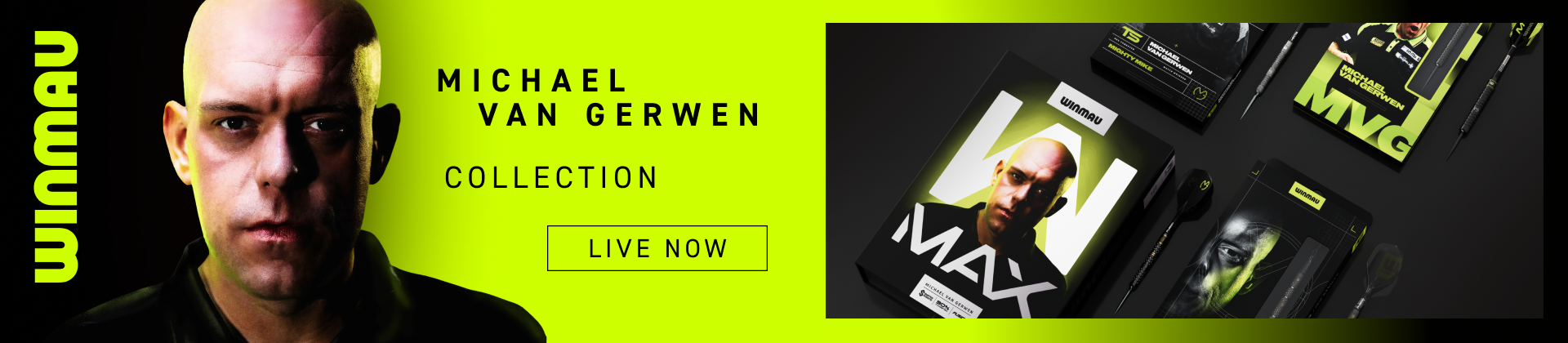 Promotional image for the "Michael Van Gerwen Collection" with the text "Live Now" and product images on a neon yellow and black background.