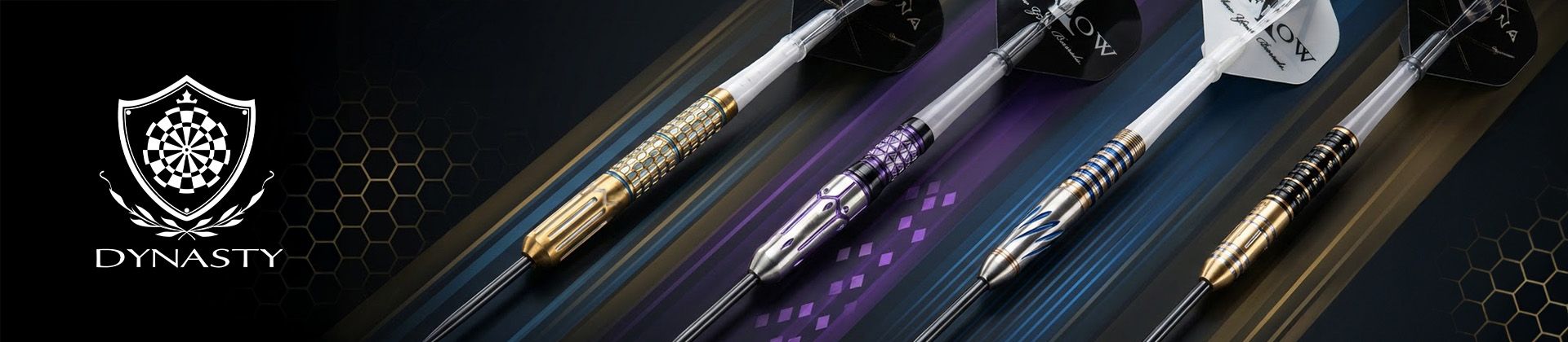 Five colorful, sleek Dynasty darts with metallic barrels and branded flights on a dark background, featuring a Dynasty logo on the left.