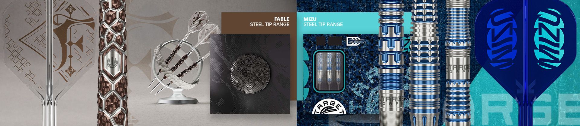 Fable and Mizu steel tip dart ranges, featuring intricate designs on packaging and barrel displays with a futuristic aesthetic.