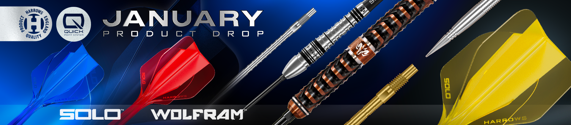 Promotional banner for a January product drop featuring colorful dart designs, including Solo and Wolfram models from good-darts and Harrows.