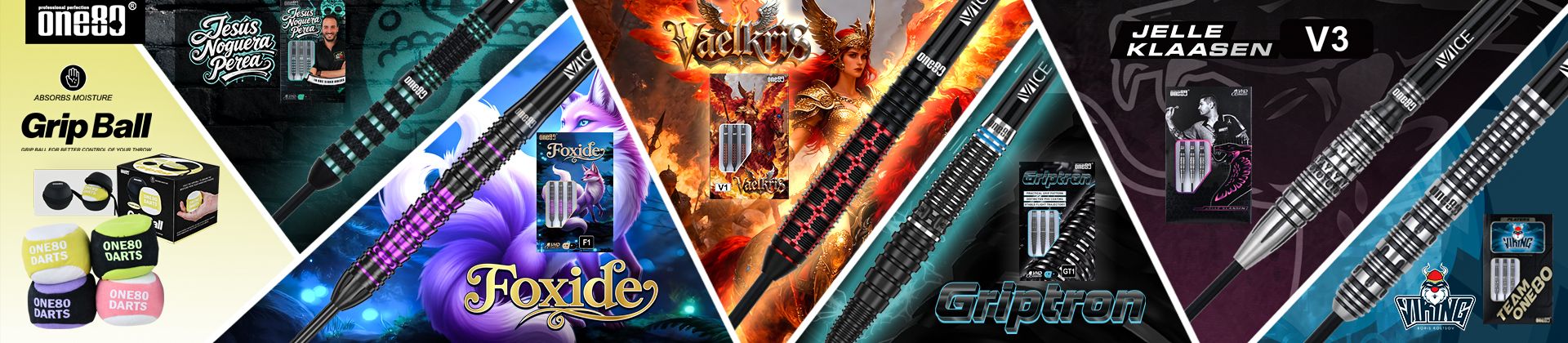 Collage of one80 dart packaging designs featuring various themes like foxes, mythology, and vibrant logos, with colorful backgrounds.