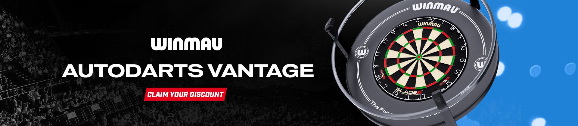 Winmau Autodarts Vantage dartboard on a black and blue background, with "Claim Your Discount" in a red box.