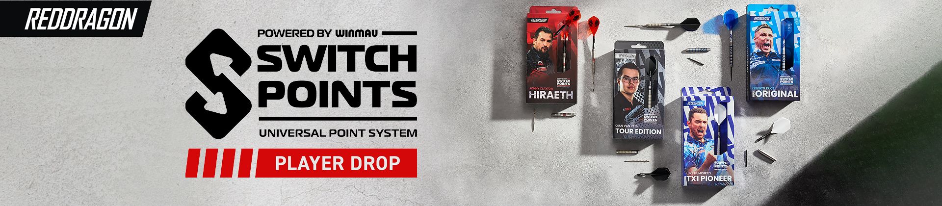 RedDragon Switch Points packaging displayed with various dart components on a textured surface, featuring different player editions.