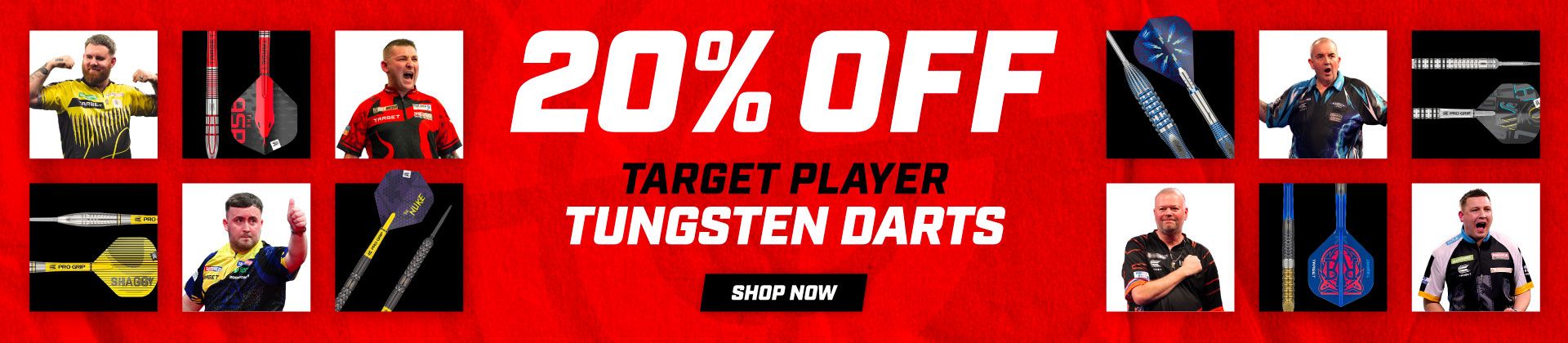 20% off Target Player tungsten darts featuring images of darts and players on a red background. Text: "Shop Now."