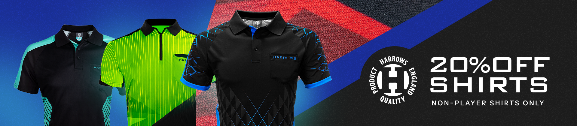 Three shirts with geometric designs on display against a colorful background, featuring a "20% Off Shirts" offer for non-player shirts.