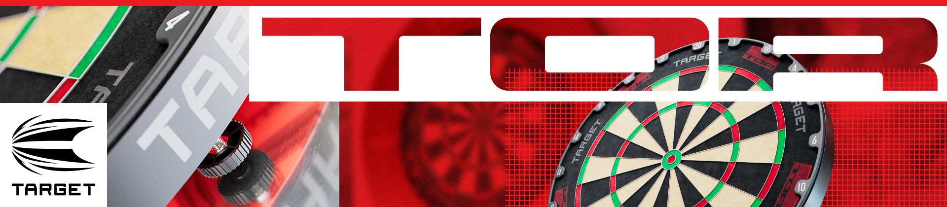 Close-up of a dartboard with a red and white design. The word "TARGET" and a logo are visible on the left side.