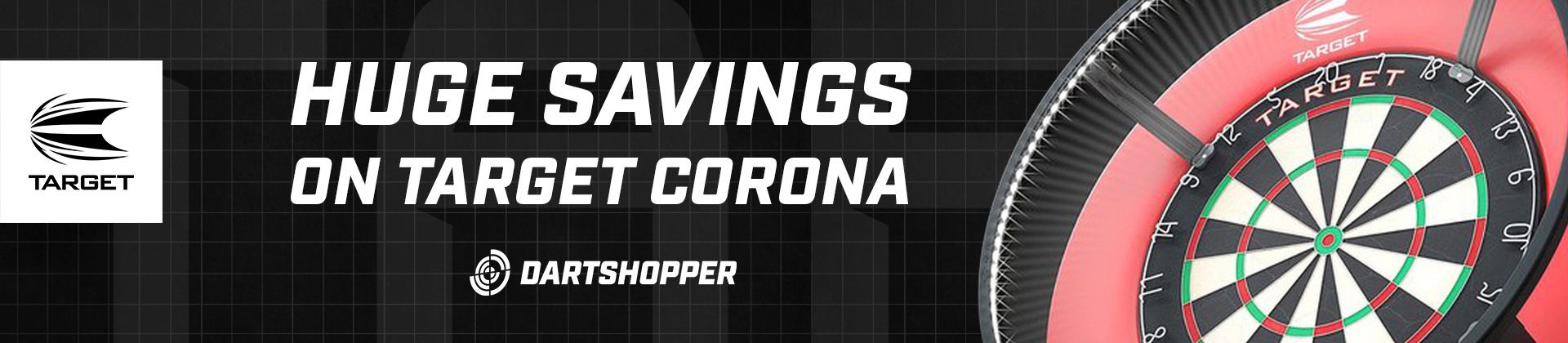Banner with Target logo, text 'Huge savings on Target Corona', Dartshopper logo, and a red-circled dartboard on the right.