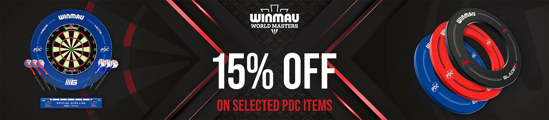 Winmau World Masters banner with 15% off on selected PDC items, featuring a dartboard and stacked dartboard protectors on a dark background.