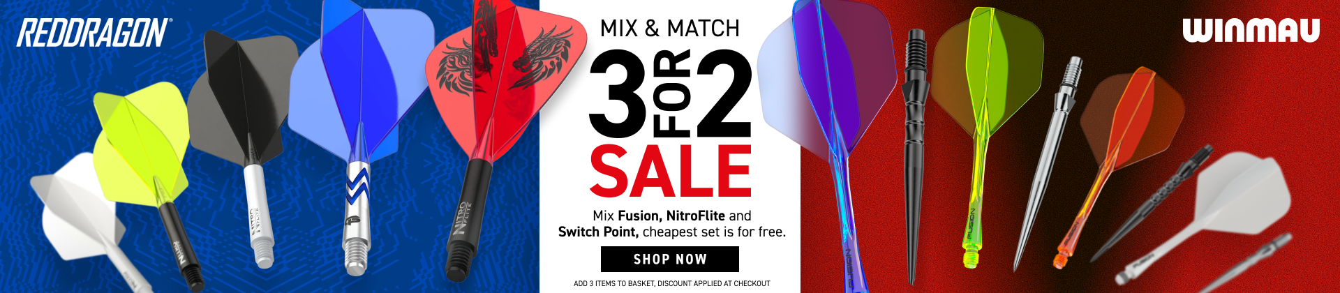Advertisement for RedDragon and Winmau darts shows "Mix & Match 3 for 2 Sale." Various dart designs are displayed on a blue and red background.