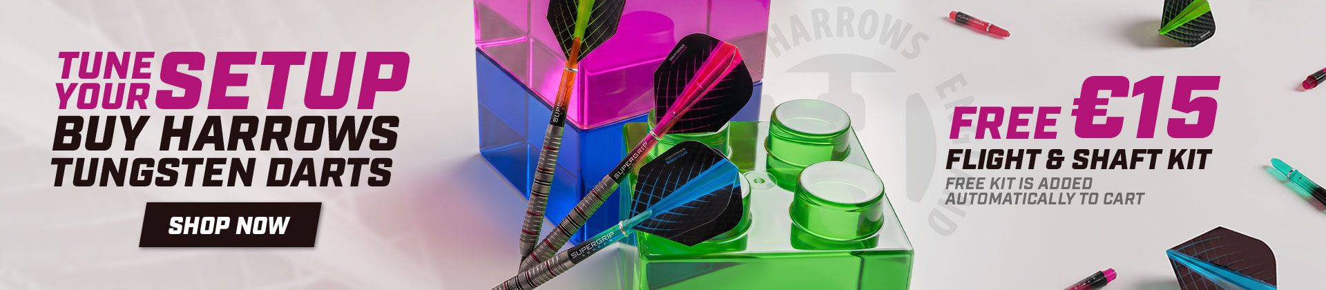 Advertisement for Harrows Tungsten Darts with a visual of colorful darts and kit, featuring a free flight and shaft kit offer worth €15.