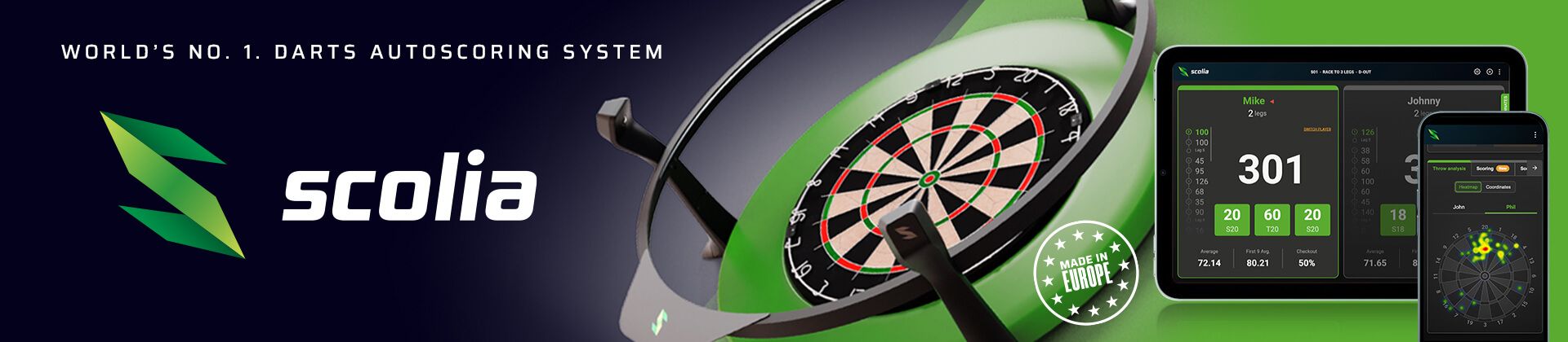 Banner showcasing Scolia, an automated darts scoring system, with dartboard, tablet, and smartphone app interface on a green and black background.