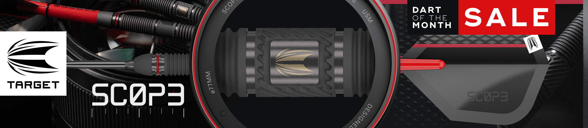 A promotional banner for Target's "Dart of the Month" sale featuring the SCOPE dart with a stylized logo and red accents.