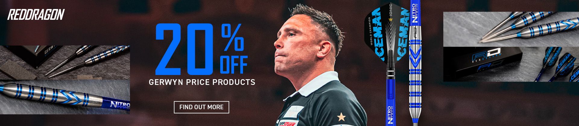Advertisement for Red Dragon featuring Gerwyn Price, showing darts with blue accents and a "20% off" offer. A "Find Out More" button is included.