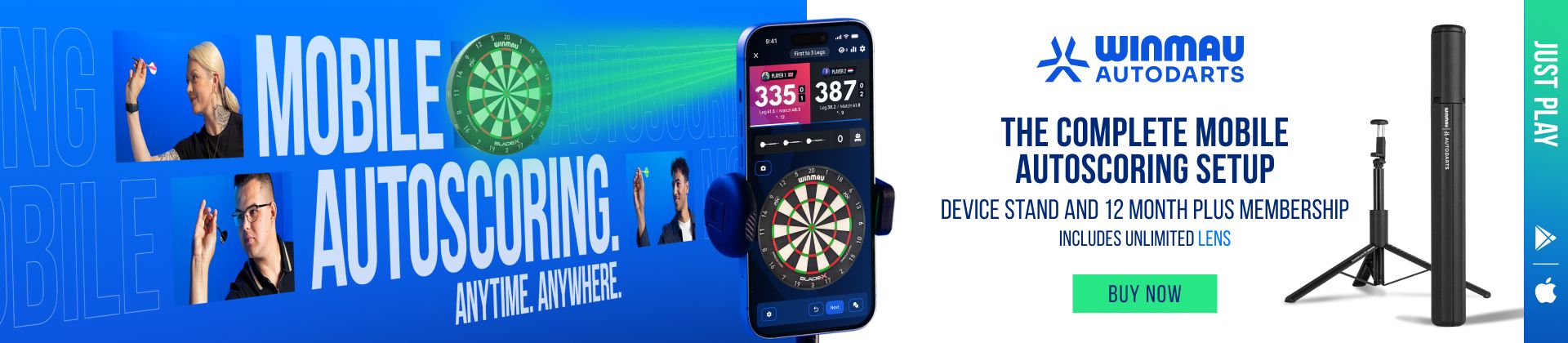 Ad promoting Winmau autodarts mobile autoscoring setup, featuring a smartphone app display, dartboard, and device stand with 12-month membership.