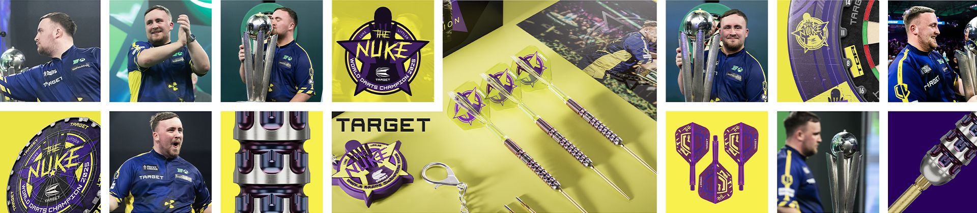 A collage featuring a dart player celebrating with a trophy, various close-ups of purple and yellow darts, and "THE NUKE" branding elements.