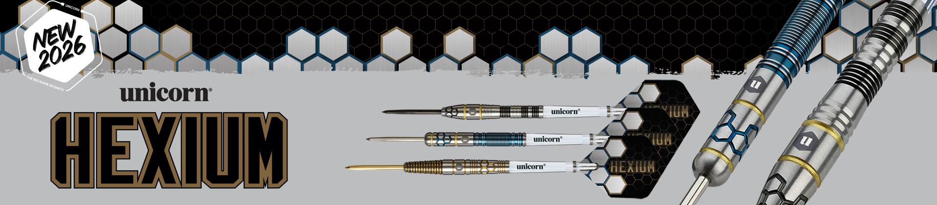 Promotional banner for Unicorn Hexium darts, featuring three darts with hexagonal patterns and text "New 2024" and "Hexium."