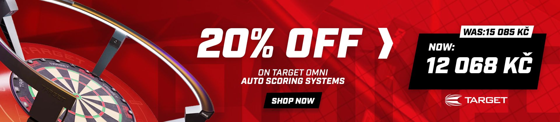 Advertisement for Target Omni Auto Scoring Systems. Offers 20% off. Red background with dartboard image.