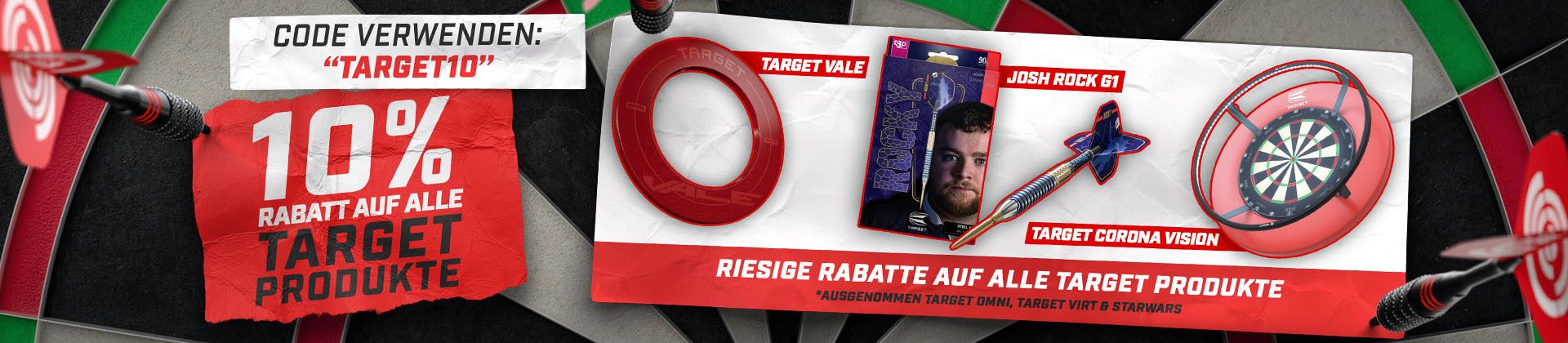 Advertisement featuring 10% discount on Target dart products with promo code "TARGET10", showcasing dart accessories and a dartboard.