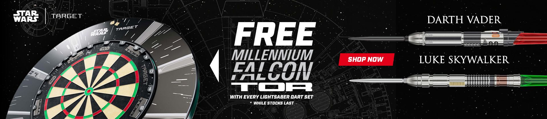 Star Wars-themed dartboard offer: "Free Millennium Falcon Tor with lightsaber dart set." Features Darth Vader and Luke Skywalker saber darts.