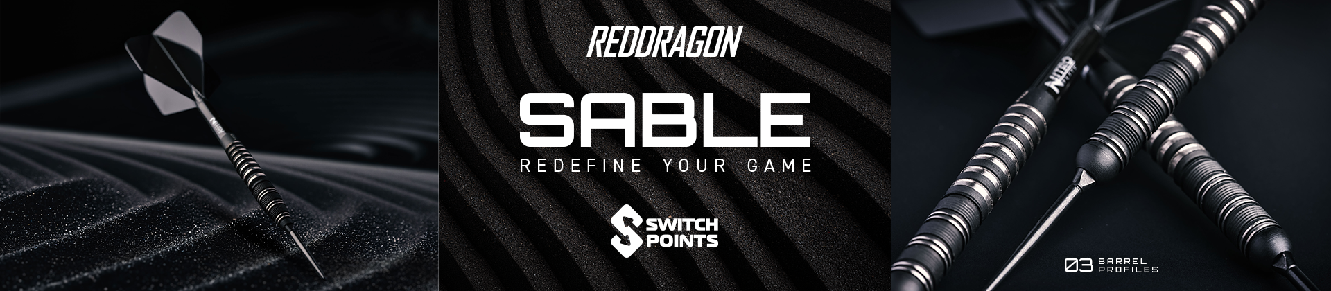 Three darts with striped grips on a dark textured background, promoting Redragon Sable with "Switch Points" and "03 Barrel Profiles."