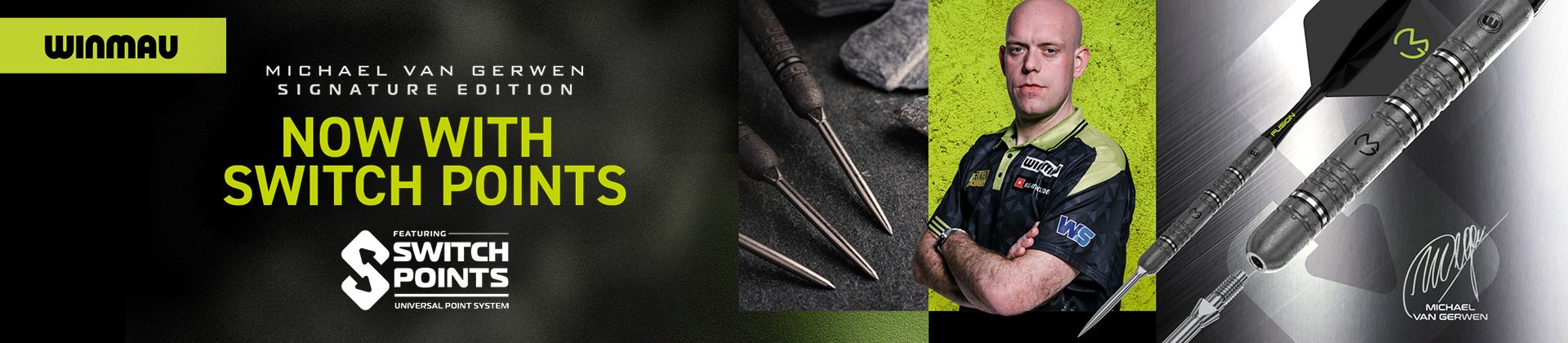 Dart promotional banner featuring Michael van Gerwen's signature edition with new switch points system and detailed dart images.