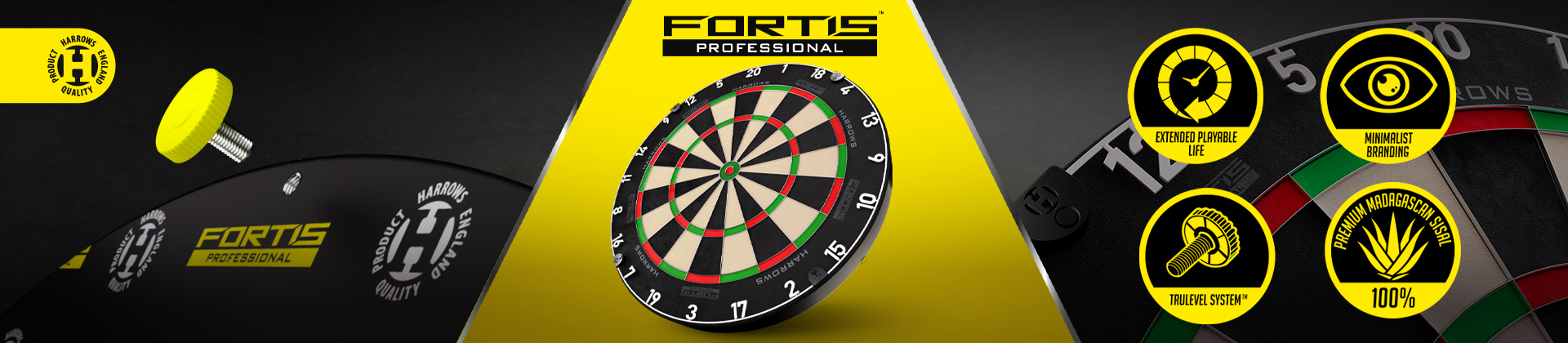 Promotional banner for Fortis Professional dartboard, featuring product highlights like enhanced durability, minimal bounce, and unique design.