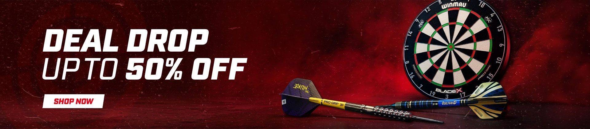 Deal Drop banner featuring a dartboard and darts on a red background, offering up to 50% off with a "Shop Now" button.