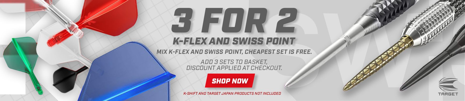 Promotion banner for a 3 for 2 deal on K-Flex and Swiss Point dart products. Add 3 sets to the basket, discount at checkout. Excludes K-Shift and Target Japan.
