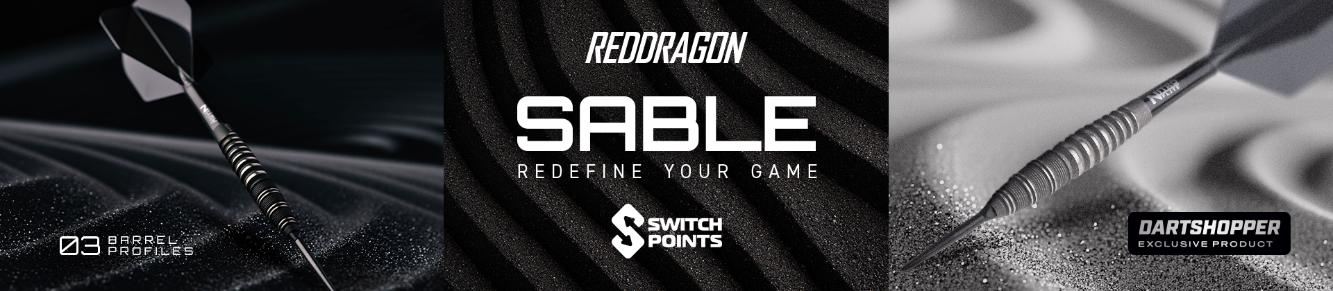 A dart embedded in textured sand next to promotional text for RedDragon Sable, highlighting it as a Dartshopper exclusive product with switch points.
