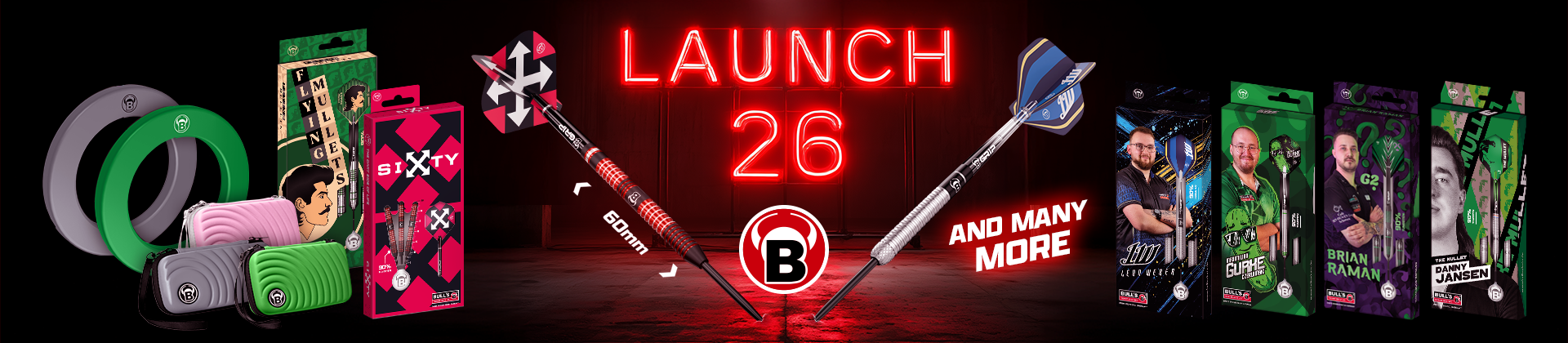 Darts and accessories displayed with a neon "Launch 26" sign in the background and various packaging on either side.