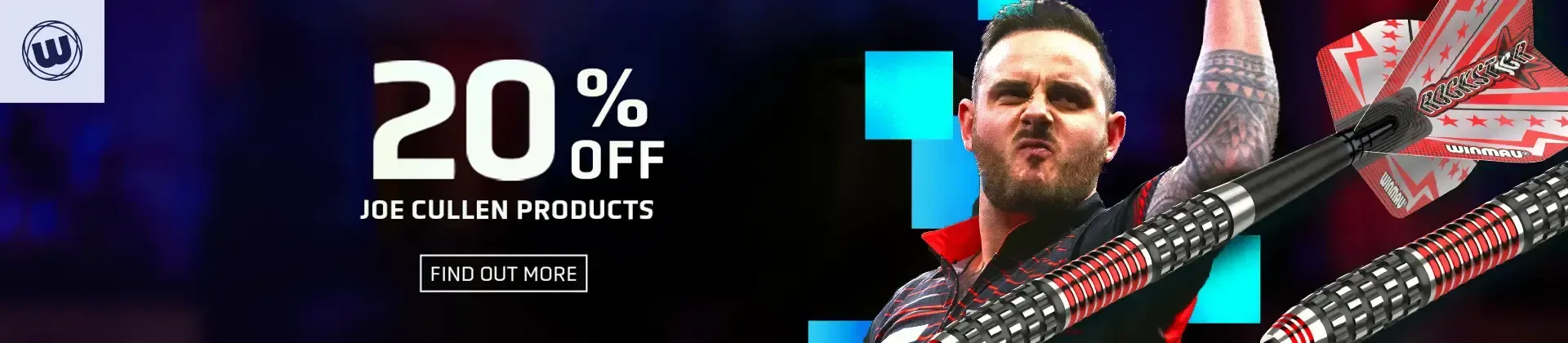 Advertisement for 20% off Joe Cullen products featuring a man celebrating and two darts. Button reads "Find Out More."