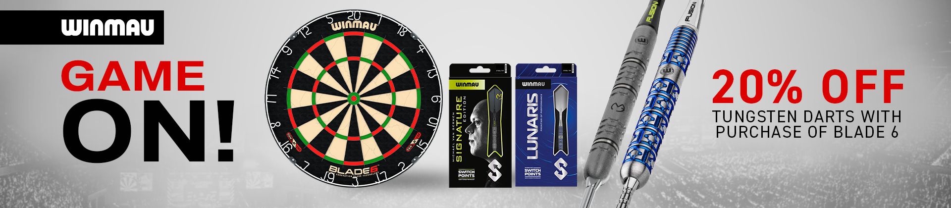 Winmau dartboard and darts with "Game On!" text. "20% Off Tungsten Darts With Purchase of Blade 6" promotion displayed.