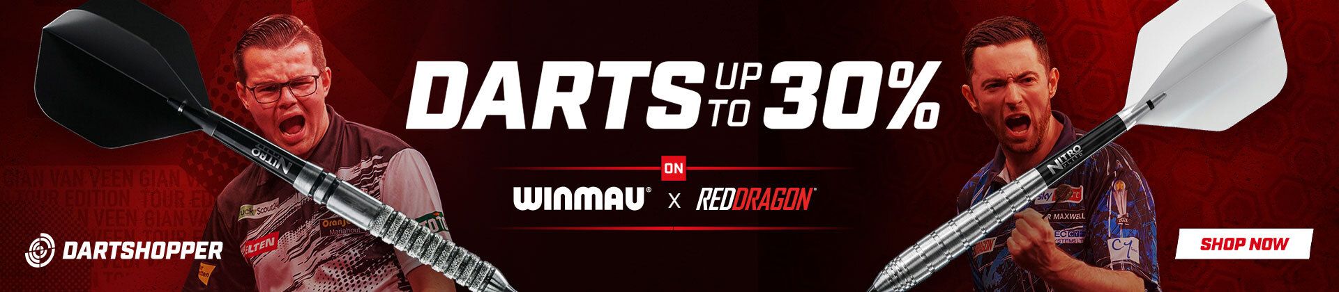 Advertisement for a darts sale, featuring two players and discounted prices up to 30% on Winmau and Red Dragon darts, with "Shop Now" button.
