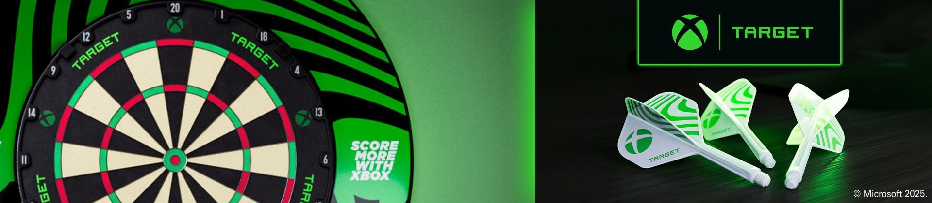 Dartboard with green and black design, "TARGET" logo, and three darts with Xbox-themed flights.