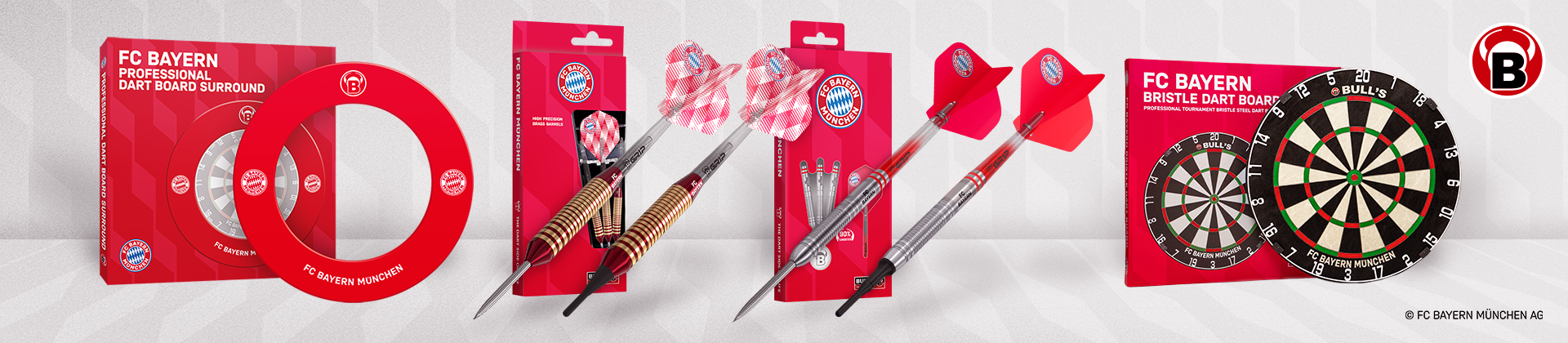FC Bayern dart set featuring darts, flights, a dartboard, and board surround. Items display the team's logo and colors on a white background.