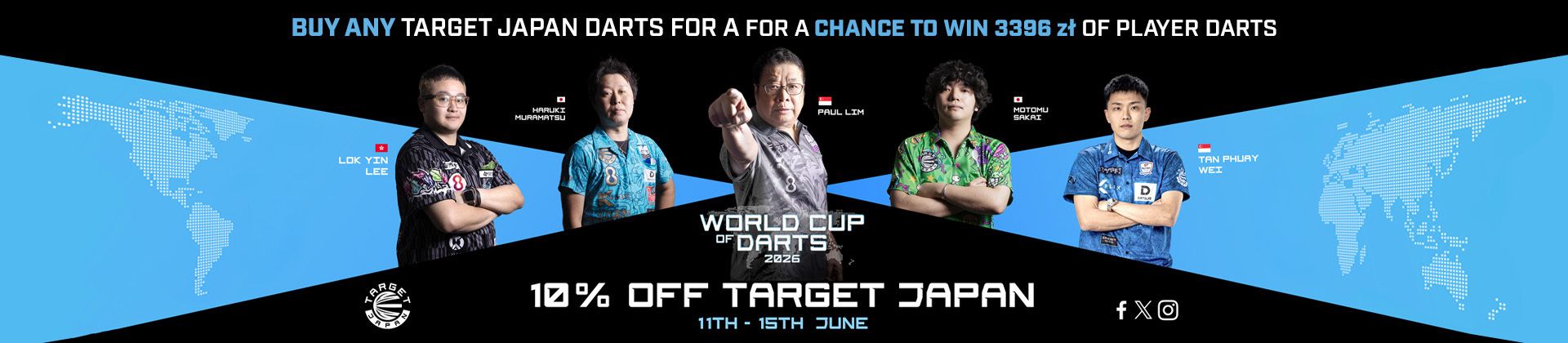 Promo image for World Cup of Darts 2026, featuring five players, 10% off Target Japan darts June 11-15, chance to win 3396 zł.