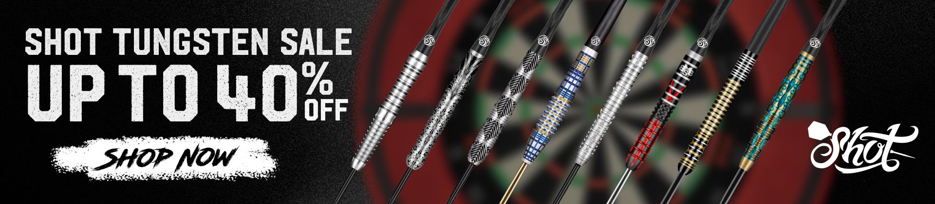 Shot tungsten darts sale ad, offering up to 40% off. Features various dart designs on a dartboard background. "Shop Now" button included.