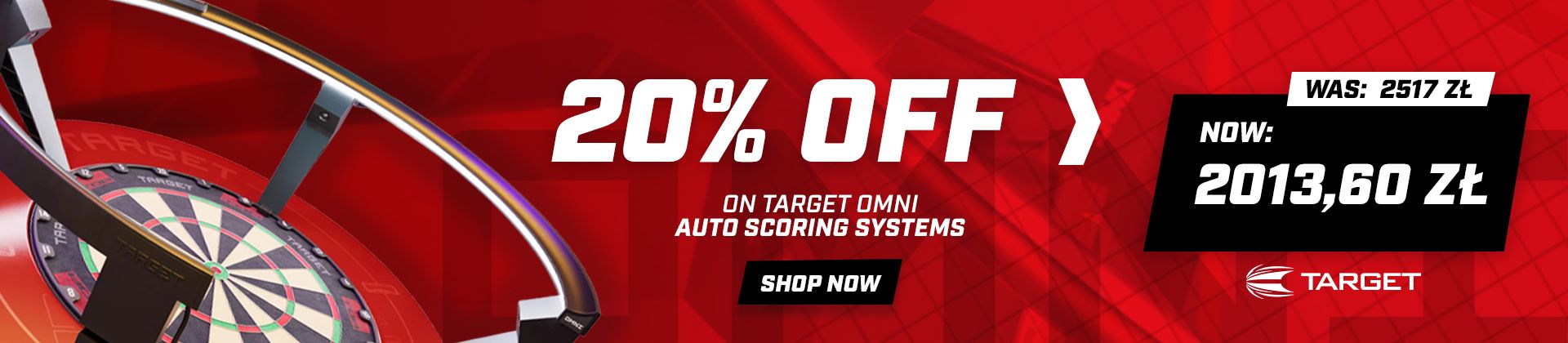 Advertisement for Target Omni Auto Scoring Systems. Offers 20% off. Red background with dartboard image.