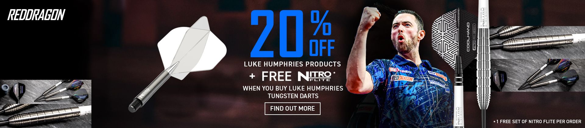 Promotional banner for Red Dragon featuring 20% off Luke Humphries products and free Nitro Flite with tungsten darts purchase.