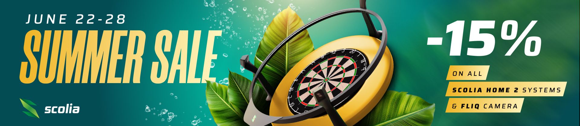Summer Sale from June 22-28 with 15% off on Scolia Home 2 Systems and Fliq Camera. Features a dartboard and tropical leaves.