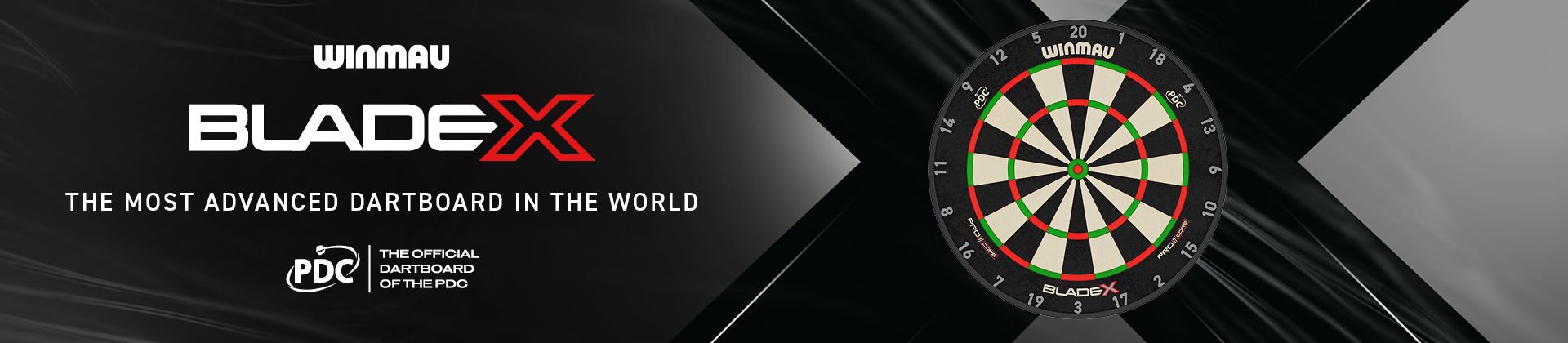 Winmau Blade X dartboard with text "The Most Advanced Dartboard in the World" and PDC logo on a black background.
