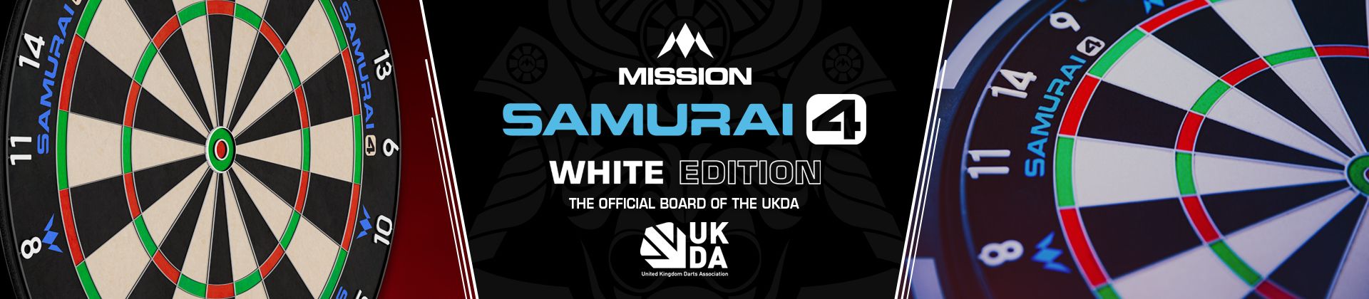Promotional banner for Mission Samurai 4 White Edition dartboard with UKDA logo and close-up shots of two dartboard faces.